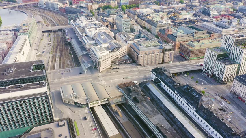 Inscription on video. Stockholm, Sweden. Stockholm Central Station, Stockholm City Station. Name is burning, Aerial View