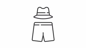 Beach apparel linear animation. Swimwear and hat for men. Summertime swimsuit. Seamless loop HD video with alpha channel on transparent background. Outline motion graphic animation