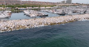 cinematic aerial video for marina and sea , boats , yachts , ships