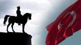 Turkish Flag and monument of Ataturk. 19 may or 23 april concept video. 19 mayis Genclik ve Spor Bayrami or 19 May Commemoration of Ataturk, Youth and Sports Day.