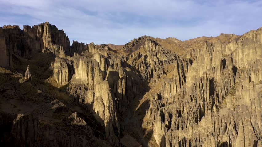 Valle de las Animas Spires. Rock Formation near La Paz, Bolivia. Aerial View. Drone Flies Forward