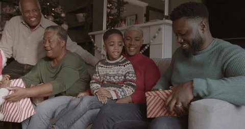 Multigenerational family together at Christmas time giving gifts and opening Arkivvideo