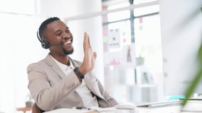 Black man, video call wave and communication in a office with a happy employee. Phone networking, smile and working web analyst in a online meeting about productivity and project planning strategy