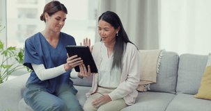 Tablet, video call or nurse consulting woman medical report results or news about rehabilitation. Consultation, digital or mature Asian patient talking or speaking to a doctor for helping advice