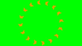 Animated frame from orange butterflies fly in a circle. Looped video. Summer and spring concept. Vector illustration isolated on green background.