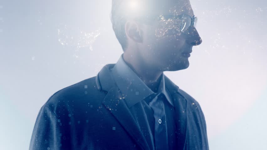 Computer graphics and double exposure. Portrait of a man with a stern face in glasses against the background of the earth and digital indices and charts. Financial system. Trader