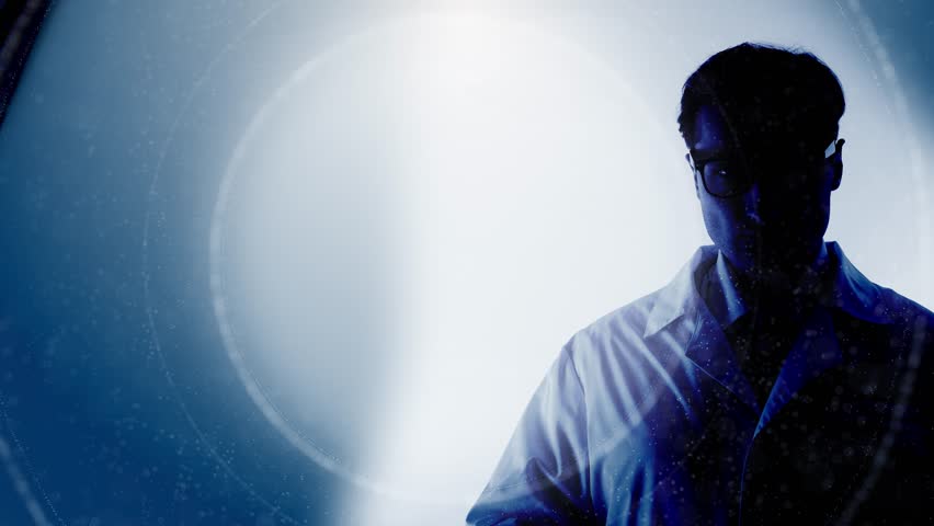 Computer graphics and double exposure. Portrait of a man with a stern face in glasses and a white coat on his hands drawing liquid into a syringe. Medicine and health care