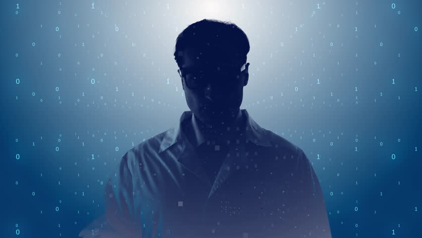 Computer graphics and double exposure. Portrait of a man with a stern face in glasses and a white coat against the background of zeros and ones moving along the coordinate system. Binary system