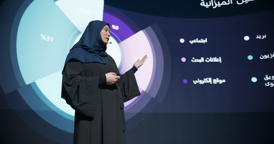 Young Woman Business Executive Introduces New Software Product on Stage at a Conference. Arab Expert Does Motivational Talk. Speaker Having a Lecture about Science, Technology, Development, Leadership