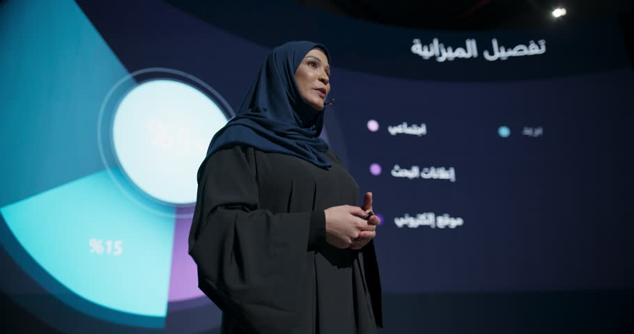 Saudi Businesswoman Making a Presentation on Stage During a Middle Eastern Business Conference. Entrepreneur in Hijab Talking About Financial Growth, New Market Development, Marketing Strategy Royalty-Free Stock Footage #1102168987