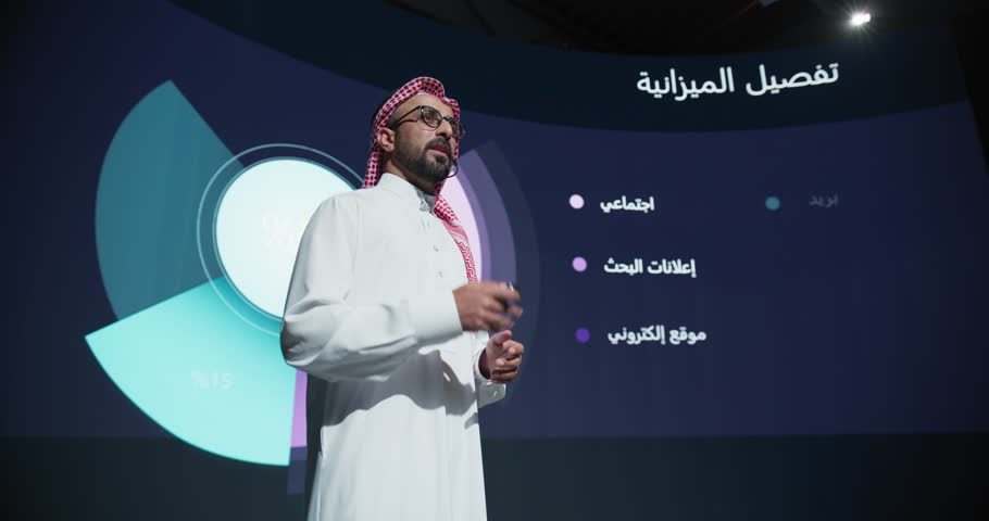 Saudi Businessman Making a Presentation on Stage During a Middle Eastern Business Conference. Entrepreneur in White Thobe Talking About Financial Growth, New Market Development, Marketing Strategy Royalty-Free Stock Footage #1102168993