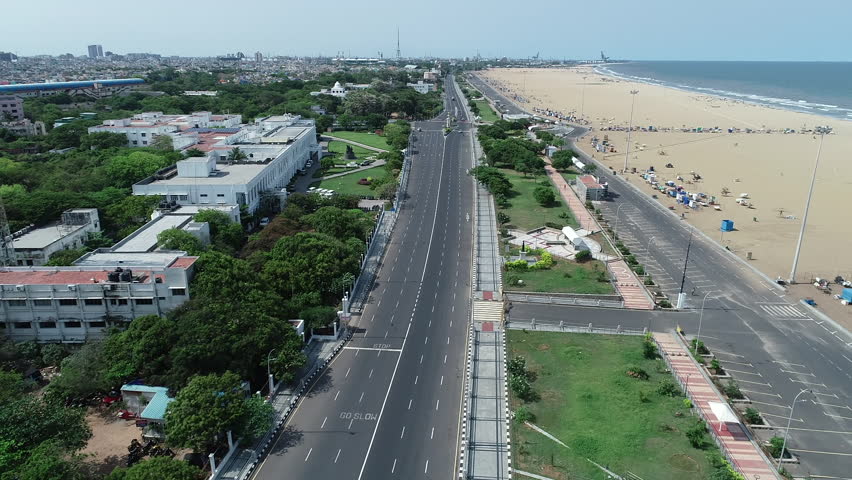 A drone shot of an empty Marina Beach coastline during the COVID-19 lockdown in Chennai, India
