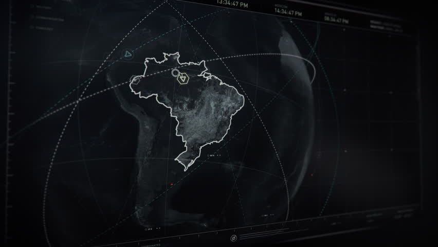 Authentication Protocol. Rotating Projection of Earth. The Country of Brazil is Analyzed for Unprotected Satellite Signal. The Footage of the Air Base was Accessed. Computer User Interface.