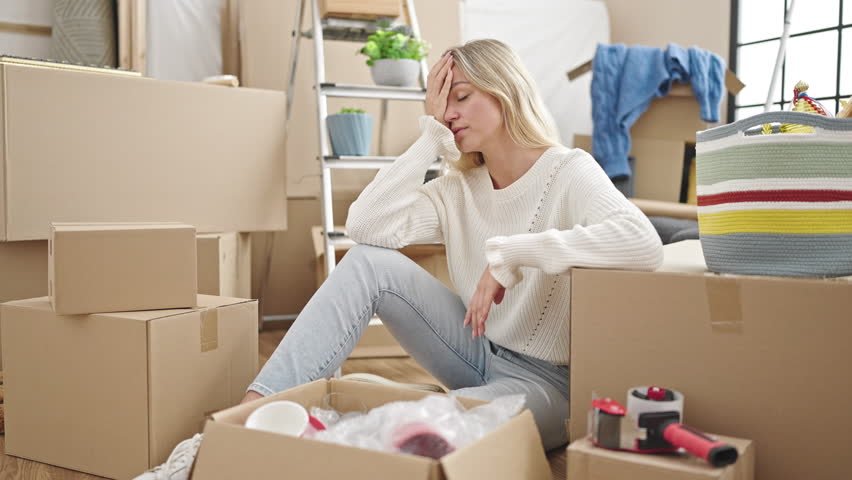 Young blonde woman unpacking cardboard box stressed at new home Royalty-Free Stock Footage #1102175953