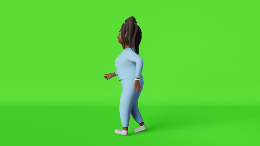 African American body positive woman 3D animation character racewalking 4K loop on chromakey side view. Multiracial plus size diverse girl sportswear walking cycle. Active lifestyle weight loss walk.