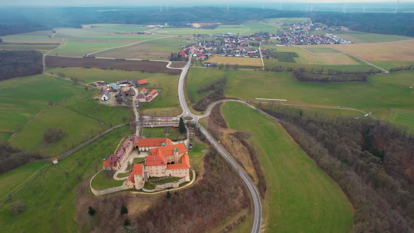 Aerial view of the village Lauchheim and castle Kapfenburg on a sunny day in late winter	
