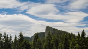 Rocky peak of one of the Rhodope Mountains with a slope with a spruce forest against the background of a cloudy sky