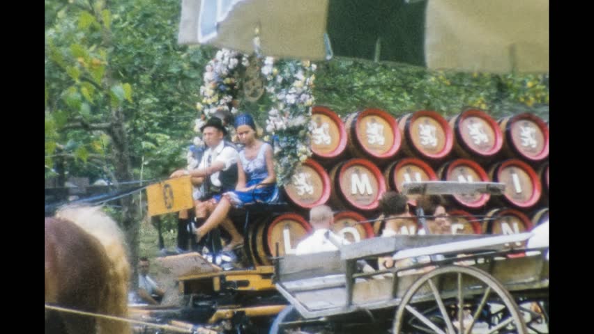 New York 1964: Wagon with beer barrels of Löwenbräu Munich at World's Fair, on 1964s in New York, USA