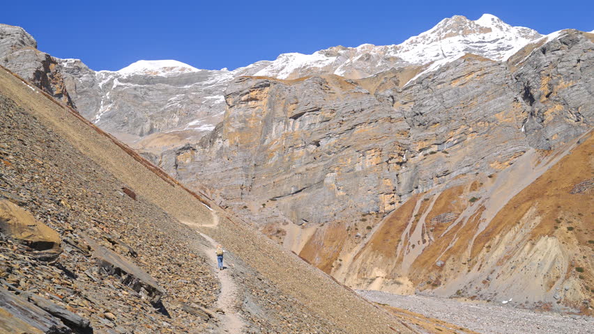 Steep narrow mountain path surrounded by snowy Himalayan mountain peaks, Annapurna Circuit Trek, Nepal