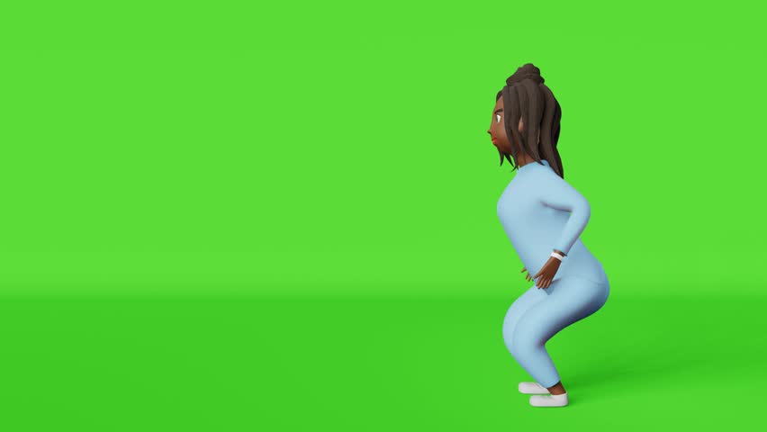 African American body positive woman 3D animation character jump 4K loop on chromakey side view. Multiracial plus size diverse girl sportswear jumping cycle green screen. Active lifestyle weight loss.