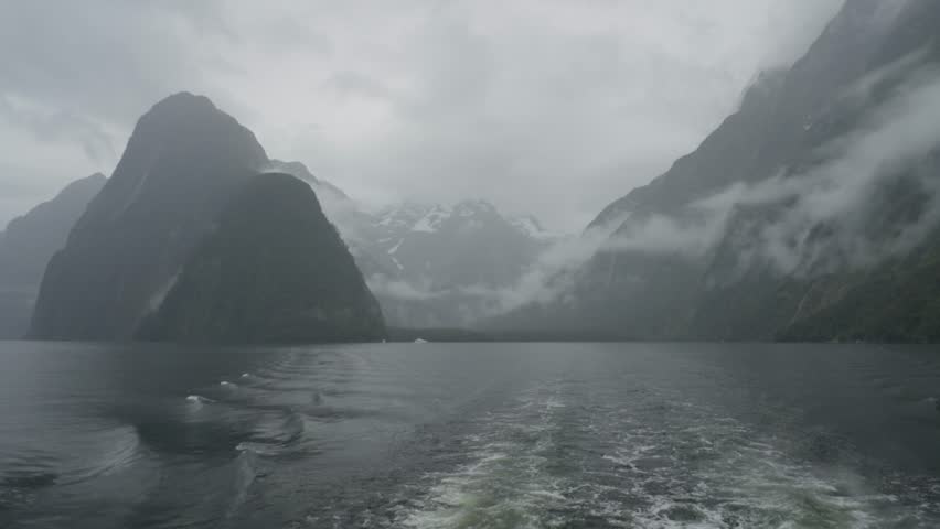 Famous Milford Sound bay in Fiordland of New Zealand during rainy weather