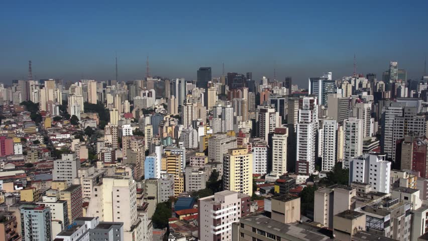 Aerial view of a dense, residential cityscape of condos in sunny Sao Paulo, Brazil