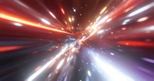 Warp Speed Tunnel. Warp through time and space at high speed. Thrilling 4K motion loop of a flight through a light space tunnel. Technology theme high speed tunnel, cosmic futuristic effect. 3D render