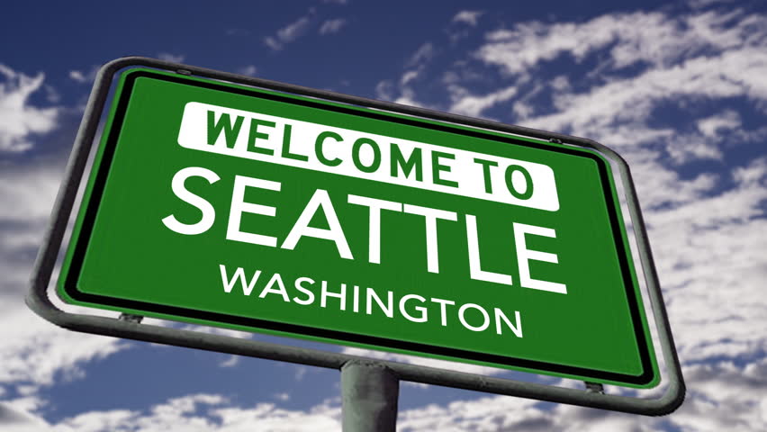 Welcome to Seattle Washington, US City Road Sign Close Up, Realistic 3d Animation