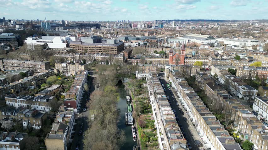 Regents canal Islington London UK drone aerial view Royalty-Free Stock Footage #1102186655