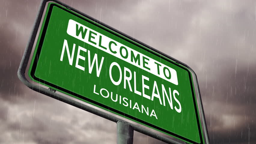 Welcome to New Orleans Louisiana, US City Road Sign With Dark Clouds and Rain, Realistic 3d Animation