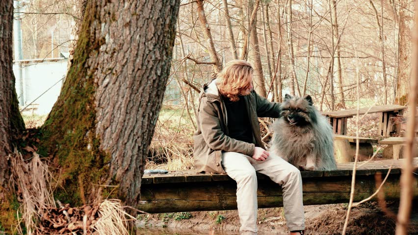 Two best friends on a small bridge. The young blond man heartily strokes his best friend, a gray and fluffy wolf Spitz. A breathtaking autumnal ambience gives this video a special flair.