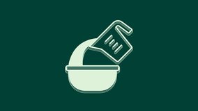 White Measuring cup pouring liquid into bowl icon isolated on green background. Plastic graduated beaker with handle. 4K Video motion graphic animation.
