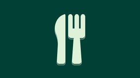 White Crossed knife and fork icon isolated on green background. Cutlery symbol. 4K Video motion graphic animation.