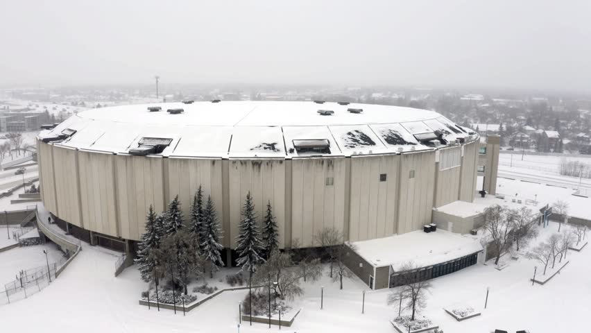 Edmonton, Alberta, Canada. Aerial view of the Northlands Coliseum Arena (Edmonton Oilers old home arena). A drone is flying around the Northlands Coliseum arena in Edmonton