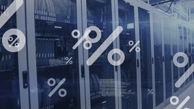 Animation of percentile symbols over computer language against server room in background. Digital composite, multiple exposure, sign, ratio, fraction, technology and network server concept. - Powered by Shutterstock - Get 15% off with code: PIKWIZARD15