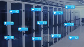 Animation of message icons with numbers over computer language against server room. Digital composite, multiple exposure, social media, growth, coding, technology and network server concept. - Powered by Shutterstock - Get 15% off with code: PIKWIZARD15