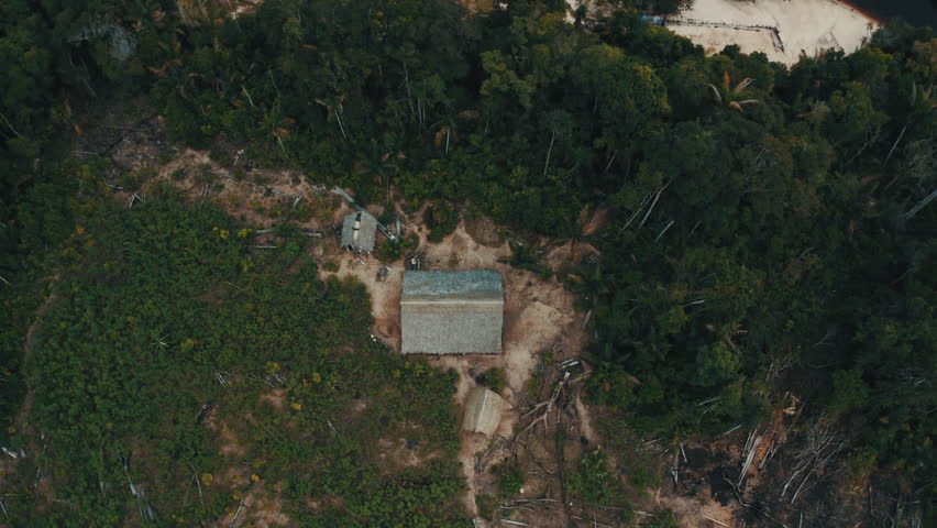 A home for a tribe in the wild, shot in 4k by aerial drone in the Amazonas  jungles of Manaus, Brasil.indigenous tribal house living along river in amazon forests