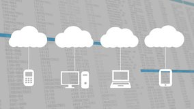 Animation of cloud icons with electronic devices and screen with computer data processing. Global cloud computing, connections, digital interface and data processing concept digitally generated video. - Powered by Shutterstock - Get 15% off with code: PIKWIZARD15