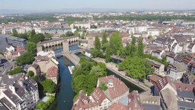 Inscription on video. Strasbourg, France. Quarter Petite France, Vauban Dam. Flames with dark fire, Aerial View