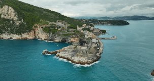 An aerial video of the colorful buildings on the sea shore, Porto Venere, Ligurian coast, Italy