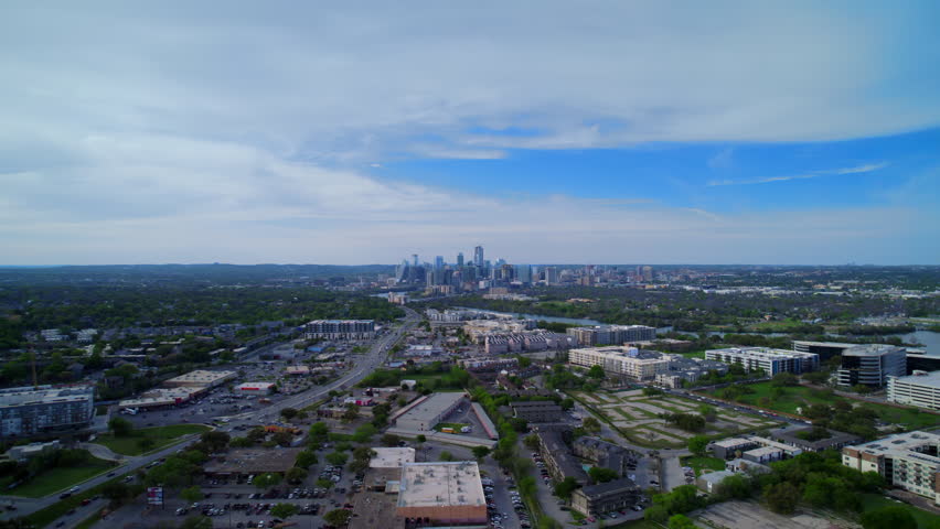 Aerial view of Austin downtown at sunny day at evening. Business centre in south city of state Texas. 