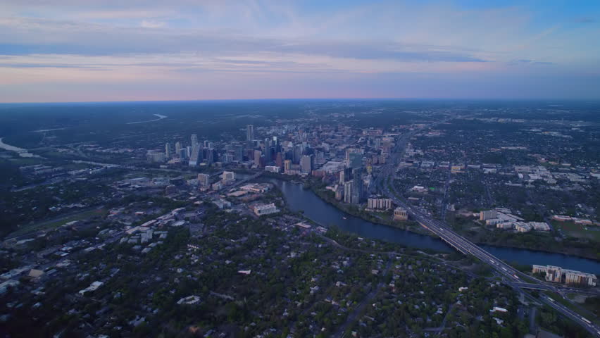 Aerial view of Austin downtown at sunny day at evening. Business centre in south city of state Texas. 