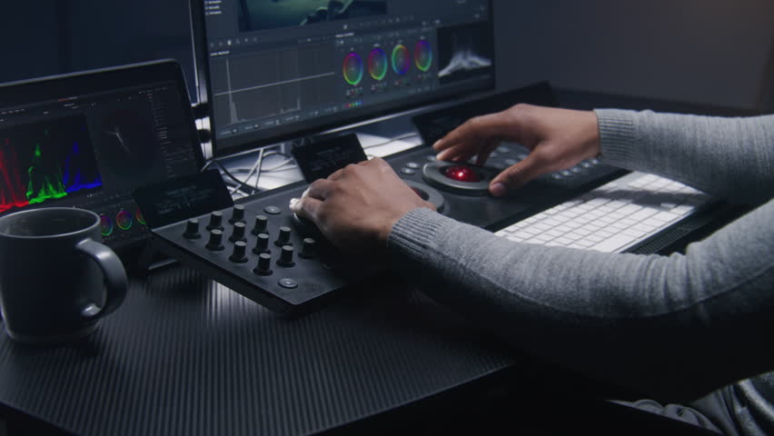 Hands close up of African American video editor working by color grading control panel in studio with modern design. Colorist makes colour correction for movie post production. Professional equipment. Royalty-Free Stock Footage #1102206279