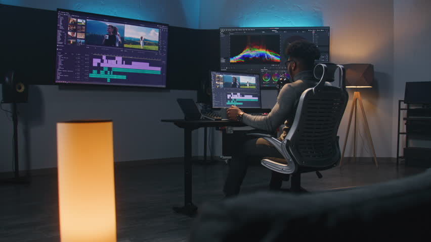 African American multimedia artist drinks coffee and makes color grading in editing program on computer. Process of video post production in modern studio. Multiple monitors with travel movie footage. Royalty-Free Stock Footage #1102206333