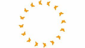 Animated frame from orange butterflies fly in a circle. Looped video. Summer and spring concept. Vector illustration isolated on white background.
