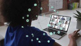 Animation of icons and data processing over african american businesswoman on laptop video call. Global connections, business,computing and data processing concept digitally generated video.