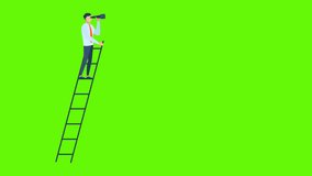 A businessman at the top of the stairs is looking into the future with a telescope. Business metaphor. Purposefulness. A man with a spyglass. 2d animation. Cartoon. Green background. Alpha channel. - Powered by Shutterstock - Get 15% off with code: PIKWIZARD15