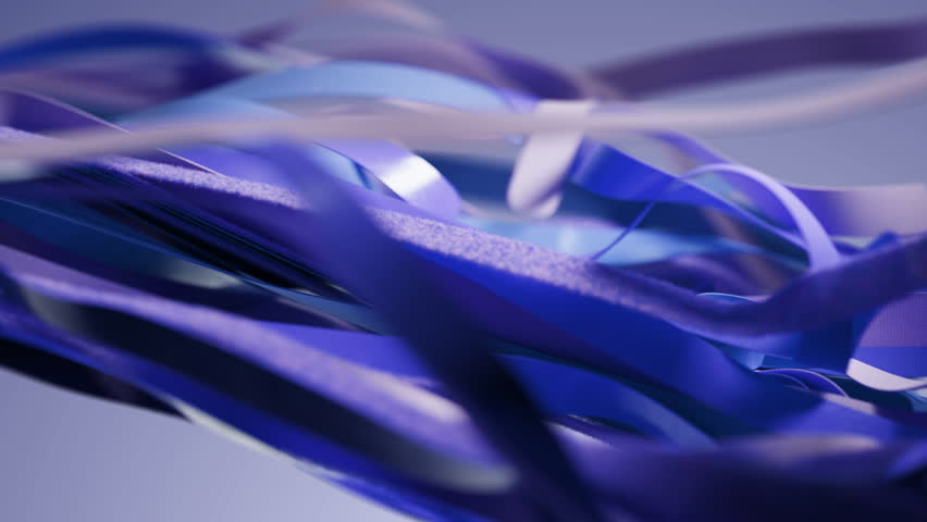 3d render for business fashion medical presentation concert promo background abstract motion animation blue violet silk ribbons waving. Cloth fabric tissue textile material wavy cut torn leather tape