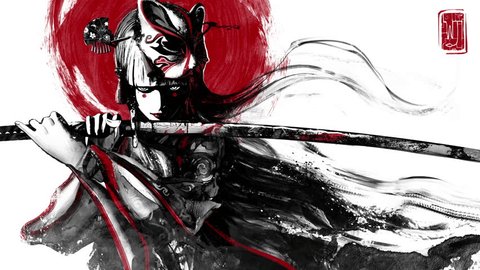 charming young samurai girl with a fox mask on head and a sharp bloody katana in her hands, she looks straight into eyes in a fighting stance wearing a kimono with patterns. clean looped 2d animationの動画素材