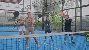 Coach teach people serve big tennis ball. Teacher show beat exercise. Team players training racket game. Fun persons sport play practice. Trainer gym class workout. Guy hit lawn tennis. Fit lesson lot - Powered by Shutterstock - Get 15% off with code: PIKWIZARD15